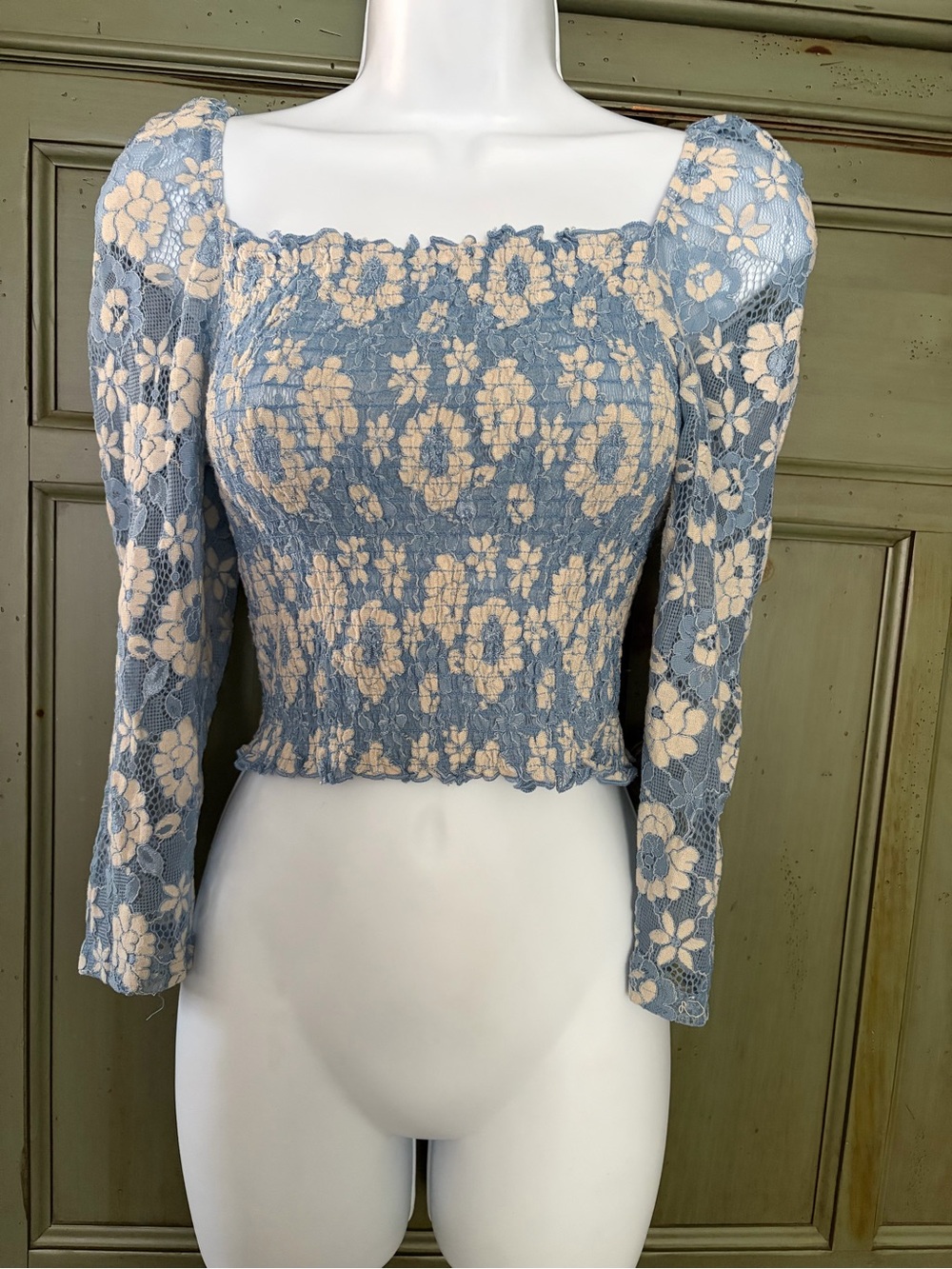 Blue and Cream Floral Lace Smocked Square-Neck Long Sleeve Top